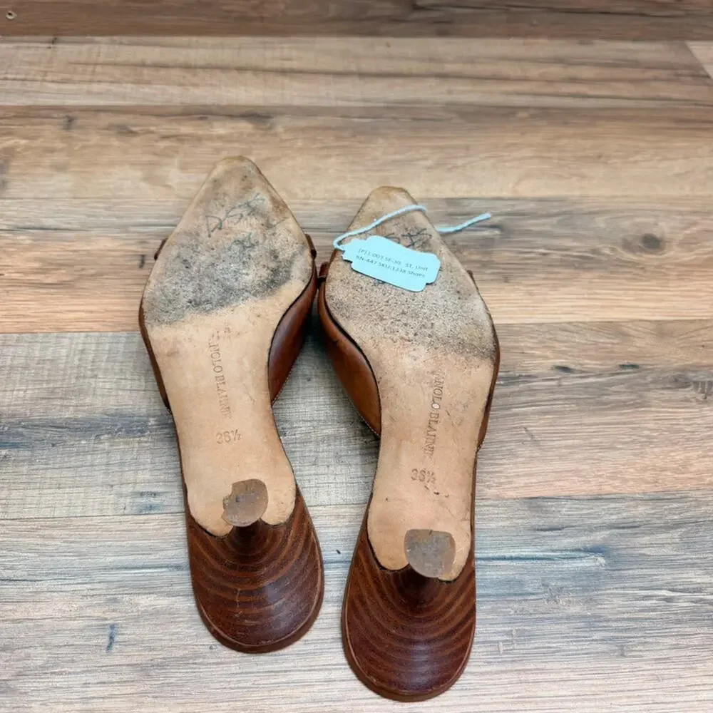 Manolo Blahnik size 6.5 EU36.5 brown leather mules pointed buckle heel